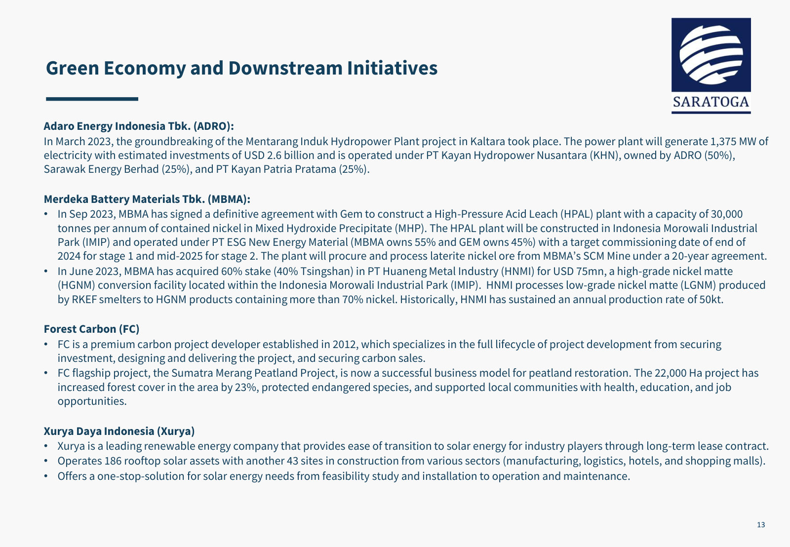 The energy-transition theses in one place — ADRO hydro, MBMA's HPAL nickel, Forest Carbon and Xurya.