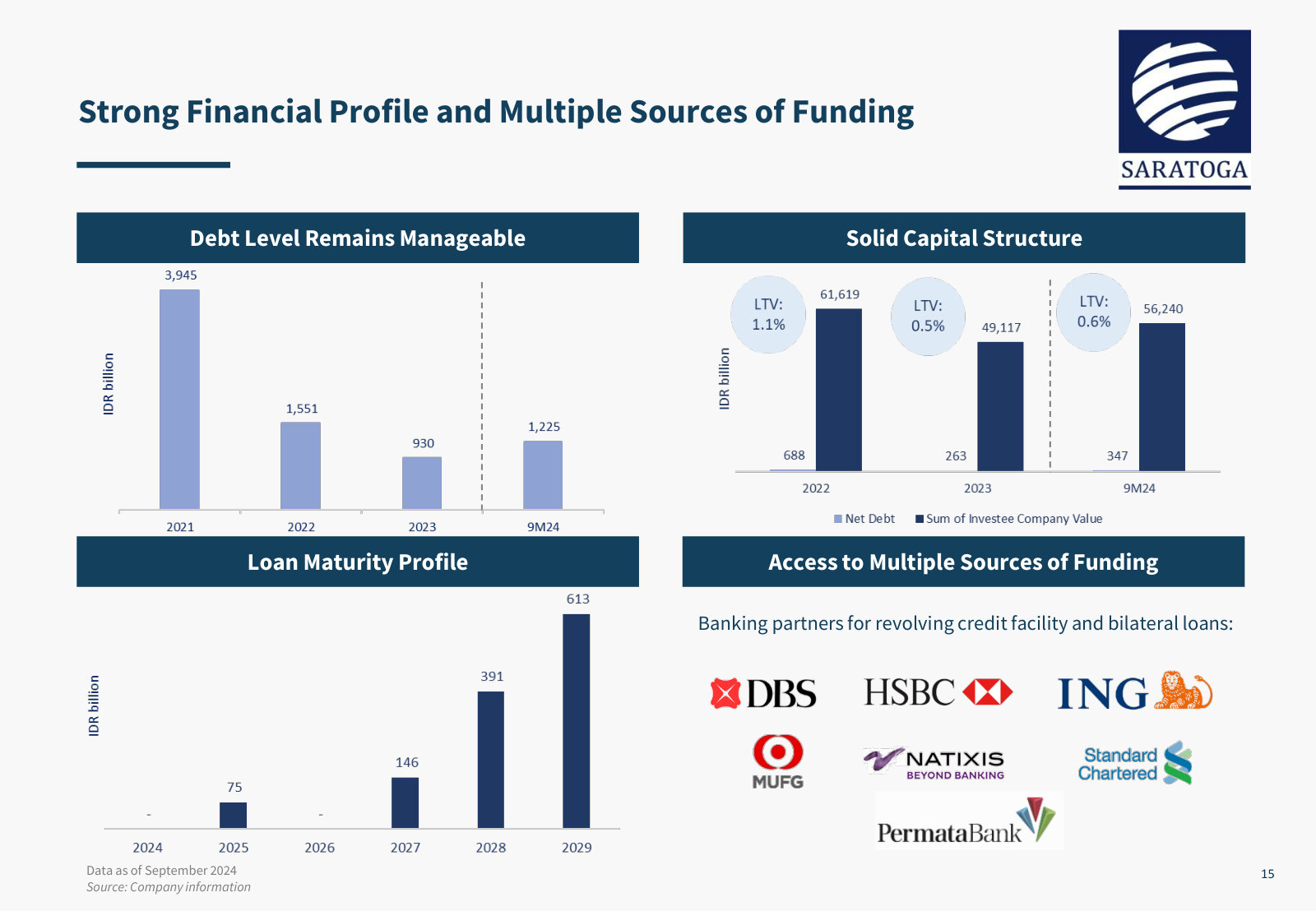 Debt, loan-to-value, maturity schedule and lending banks — the leverage a NAV-based holding company runs.